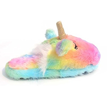 Stuffed Animal Unicorn Slippers | Cute Rainbow Llama Plush Slippers | Alpaca Plush Home Shoes | Fluffy Girls Slippers (7-8 US Women, Rainbow Unicorn)