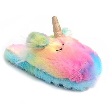 Stuffed Animal Unicorn Slippers | Cute Rainbow Llama Plush Slippers | Alpaca Plush Home Shoes | Fluffy Girls Slippers (7-8 US Women, Rainbow Unicorn)