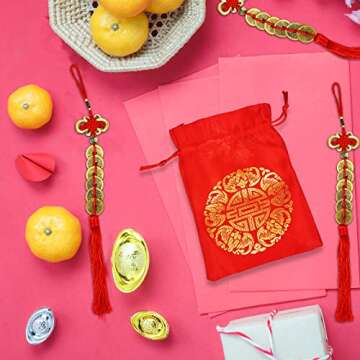 Supla 16 Pcs Chinese Lucky Coins Decorations Feng Shui Coins Ornaments Hanging Good Fortune Coins Ornaments Red Chinese Knot Luck Charm and fu Bags for Asian Lunar New Year 2025 Year of The Snake