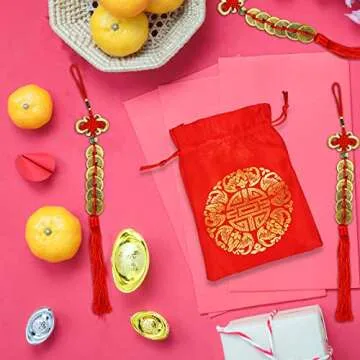 Supla 16 Pcs Chinese Lucky Coins Decorations Feng Shui Coins Ornaments Hanging Good Fortune Coins Ornaments Red Chinese Knot Luck Charm and fu Bags for Asian Lunar New Year 2025 Year of The Snake