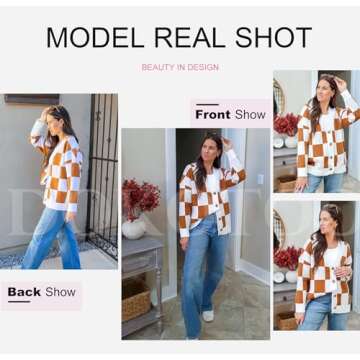 Dokotoo 2024 Fashion Cardigan Sweaters for Women V Neck Button Up Long Sleeve Plaid Cable Knit Sweater Casual Loose Flowy Checkered Fall Womens Cardigans Ladies Outerwear Brown S