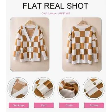Dokotoo 2024 Fashion Cardigan Sweaters for Women V Neck Button Up Long Sleeve Plaid Cable Knit Sweater Casual Loose Flowy Checkered Fall Womens Cardigans Ladies Outerwear Brown S