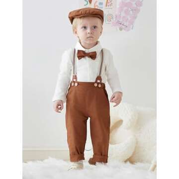 SALNIER Baby Boy Dress Suit Clothes Sets Infant Tuxedo Long Sleeve Gentleman Outfits Bowtie Shirts Suspenders Pants Beret Hat 0-24M (Brown, 0-3 Months)