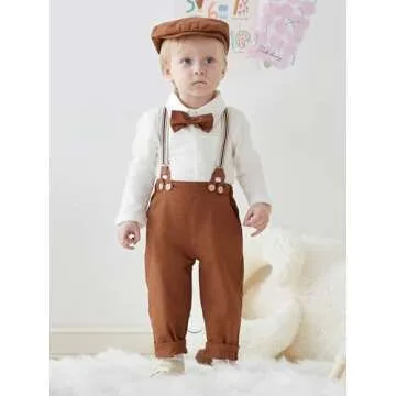 SALNIER Baby Boy Dress Suit Clothes Sets Infant Tuxedo Long Sleeve Gentleman Outfits Bowtie Shirts Suspenders Pants Beret Hat 0-24M (Brown, 0-3 Months)