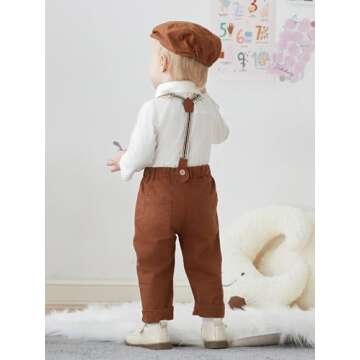 SALNIER Baby Boy Dress Suit Clothes Sets Infant Tuxedo Long Sleeve Gentleman Outfits Bowtie Shirts Suspenders Pants Beret Hat 0-24M (Brown, 0-3 Months)