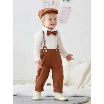 SALNIER Baby Boy Dress Suit Clothes Sets Infant Tuxedo Long Sleeve Gentleman Outfits Bowtie Shirts Suspenders Pants Beret Hat 0-24M (Brown, 0-3 Months)