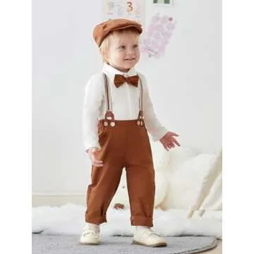 SALNIER Baby Boy Dress Suit Clothes Sets Infant Tuxedo Long Sleeve Gentleman Outfits Bowtie Shirts Suspenders Pants Beret Hat 0-24M (Brown, 0-3 Months)