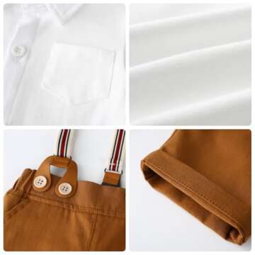 SALNIER Baby Boy Dress Suit Clothes Sets Infant Tuxedo Long Sleeve Gentleman Outfits Bowtie Shirts Suspenders Pants Beret Hat 0-24M (Brown, 0-3 Months)