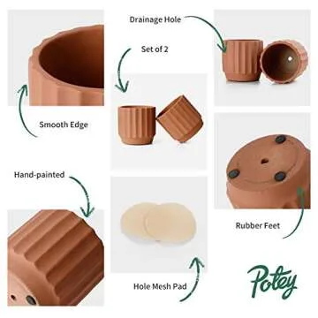 POTEY Cement Indoor Plant Pots - Durable Decor with Drain Hole