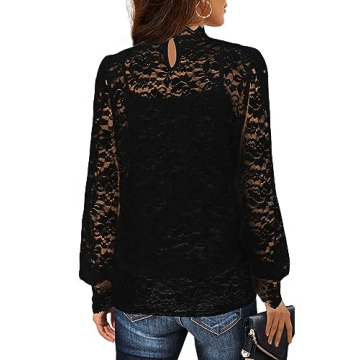 LAMISSCHE Womens Lace Mock Neck Top Long Sleeve Sheer Blouses Sexy Layering Shirts with Stretchy Camisole(Black,L)