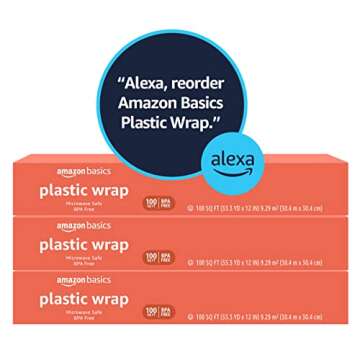 Amazon Basics Plastic Wrap, 300 Sq Ft, Pack of 3, 100 Sq Ft Rolls