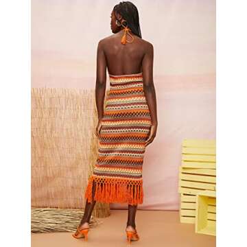 Floerns Women's Asymmetrical Fringe Hem Sleeveless Party Bodycon Long Dress Geometric Orange XS