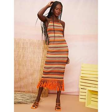 Floerns Women's Asymmetrical Fringe Hem Sleeveless Party Bodycon Long Dress Geometric Orange XS