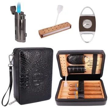TOIKA Premium Black Leather Cigar Humidor Box - Stylish Cigar Case with Lighter and Cutter