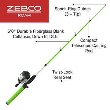 Zebco Roam Spincast Reel and Telescopic Fishing Rod Combo, Extendable 18.5-Inch to 6-Foot Telescopic Fishing Pole with ComfortGrip Handle, Quickset Anti-Reverse Fishing Reel, Green, 30