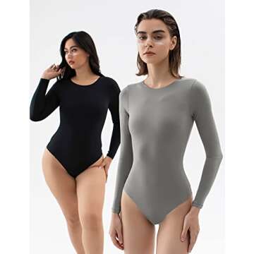 PUMIEY Long Sleeve Bodysuit For Women Sexy Crew Neck Tops Body Suits Womens Fashion Bodysuits Elephant Grey Medium
