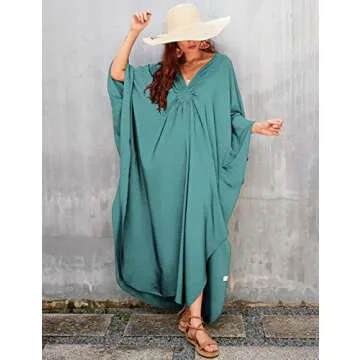 Bsubseach Women Casual Kaftan Dress Batwing Sleeve Plus Size Swimsuit Cover Up Maxi Caftan Dresses Dark Lake Green