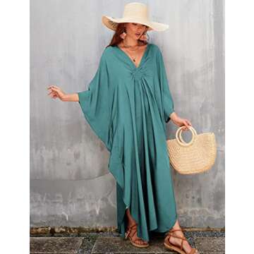 Bsubseach Women Casual Kaftan Dress Batwing Sleeve Plus Size Swimsuit Cover Up Maxi Caftan Dresses Dark Lake Green