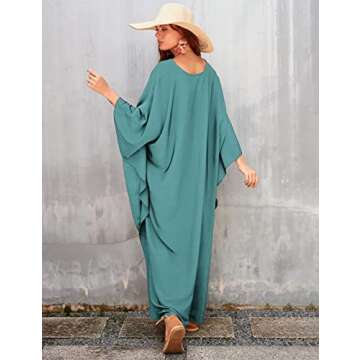 Bsubseach Women Casual Kaftan Dress Batwing Sleeve Plus Size Swimsuit Cover Up Maxi Caftan Dresses Dark Lake Green