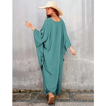 Bsubseach Women Casual Kaftan Dress Batwing Sleeve Plus Size Swimsuit Cover Up Maxi Caftan Dresses Dark Lake Green