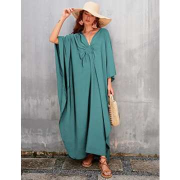 Bsubseach Women Casual Kaftan Dress Batwing Sleeve Plus Size Swimsuit Cover Up Maxi Caftan Dresses Dark Lake Green