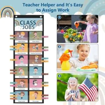 Pasimy 89 Pcs Class Jobs Pocket Chart Boho Class Helpers Pocket Chart Management Educational Pocket Chart Teacher's Helper Bulletin Board for School Classroom Office Home, 29.5 x 10 Inch
