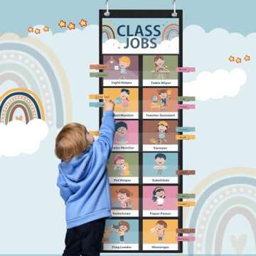 Pasimy 89 Pcs Class Jobs Pocket Chart Boho Class Helpers Pocket Chart Management Educational Pocket Chart Teacher's Helper Bulletin Board for School Classroom Office Home, 29.5 x 10 Inch