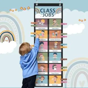 Pasimy 89 Pcs Class Jobs Pocket Chart Boho Class Helpers Pocket Chart Management Educational Pocket Chart Teacher's Helper Bulletin Board for School Classroom Office Home, 29.5 x 10 Inch