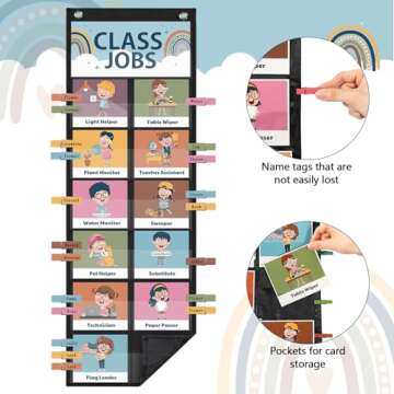 Pasimy 89 Pcs Class Jobs Pocket Chart Boho Class Helpers Pocket Chart Management Educational Pocket Chart Teacher's Helper Bulletin Board for School Classroom Office Home, 29.5 x 10 Inch