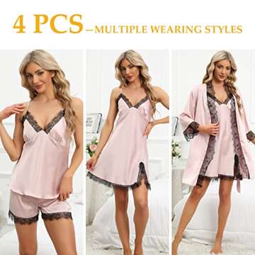 SAPJON Pajamas for Women Silk Pajama Set 4pcs Cami Top Shorts Nightgown Sleepwear Robe Sets Cute Sta...