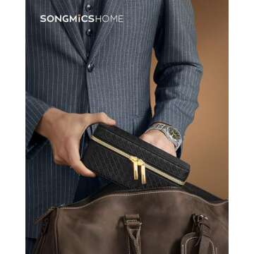 SONGMICS HOME RONNE Collection - 3-Slot Mens Jewelry Box, Watch Travel Case, PU Leather Watch Box, 3.9 x 7.9 x 3.5 Inches, Gift Idea, Ink Black Surface, Ink Black Lining UJWB017B01