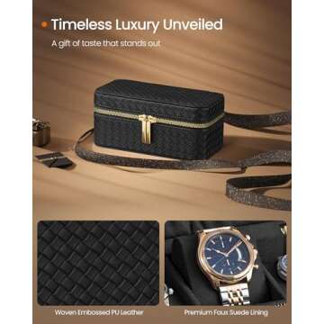 SONGMICS HOME RONNE Collection - 3-Slot Mens Jewelry Box, Watch Travel Case, PU Leather Watch Box, 3.9 x 7.9 x 3.5 Inches, Gift Idea, Ink Black Surface, Ink Black Lining UJWB017B01