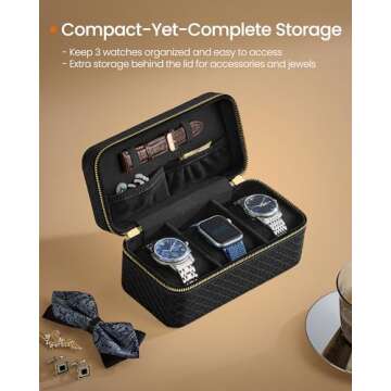 SONGMICS HOME RONNE Collection - 3-Slot Mens Jewelry Box, Watch Travel Case, PU Leather Watch Box, 3.9 x 7.9 x 3.5 Inches, Gift Idea, Ink Black Surface, Ink Black Lining UJWB017B01