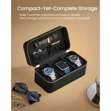 SONGMICS HOME RONNE Collection - 3-Slot Mens Jewelry Box, Watch Travel Case, PU Leather Watch Box, 3.9 x 7.9 x 3.5 Inches, Gift Idea, Ink Black Surface, Ink Black Lining UJWB017B01