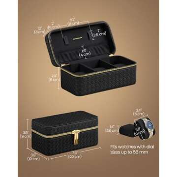 SONGMICS HOME RONNE Collection - 3-Slot Mens Jewelry Box, Watch Travel Case, PU Leather Watch Box, 3.9 x 7.9 x 3.5 Inches, Gift Idea, Ink Black Surface, Ink Black Lining UJWB017B01