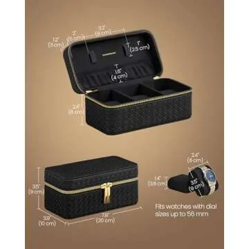 SONGMICS HOME RONNE Collection - 3-Slot Mens Jewelry Box, Watch Travel Case, PU Leather Watch Box, 3.9 x 7.9 x 3.5 Inches, Gift Idea, Ink Black Surface, Ink Black Lining UJWB017B01