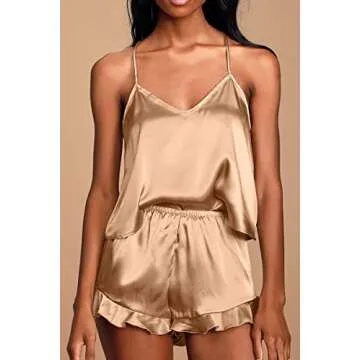 CHYRII Women's Sexy Ruffled Silk Satin PJS Racerback Cami Tops Shorts 2 PCS Pajamas Sets Nightwear Tan M