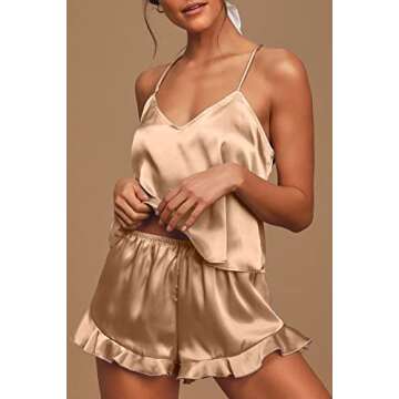 CHYRII Women's Sexy Ruffled Silk Satin PJS Racerback Cami Tops Shorts 2 PCS Pajamas Sets Nightwear Tan M