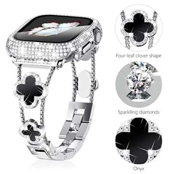 Surace Compatible with Apple Watch Bands 40mm for Women, Jewelry Diamond Rhinestone Stainless Steel Metal Wristband Strap with Bling PC Protective Case for iWatch Series 6/5/4 SE 40mm, Silver/Black