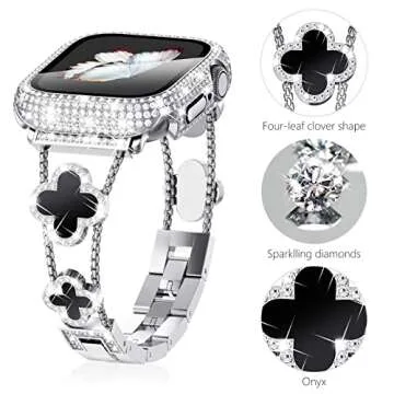 Surace Compatible with Apple Watch Bands 40mm for Women, Jewelry Diamond Rhinestone Stainless Steel Metal Wristband Strap with Bling PC Protective Case for iWatch Series 6/5/4 SE 40mm, Silver/Black