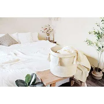 Mkono, Decorative Macrame Cotton Rope Basket with Braided Tassels Organizer for Nursery Toys Magazine Potted Plants Living Room Bedroom Home Decor 15 x