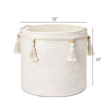 Mkono, Decorative Macrame Cotton Rope Basket with Braided Tassels Organizer for Nursery Toys Magazine Potted Plants Living Room Bedroom Home Decor 15 x