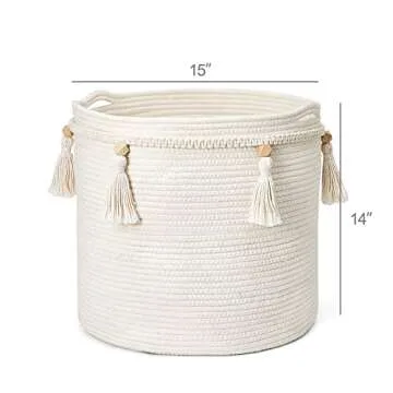 Mkono, Decorative Macrame Cotton Rope Basket with Braided Tassels Organizer for Nursery Toys Magazine Potted Plants Living Room Bedroom Home Decor 15 x