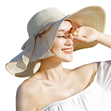 Women's Folable Floppy Hat,Wide Brim Sun Protection Straw Hat, Summer UV Protection Beach Cap(Beige)