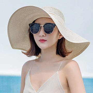 Women's Folable Floppy Hat,Wide Brim Sun Protection Straw Hat, Summer UV Protection Beach Cap(Beige)