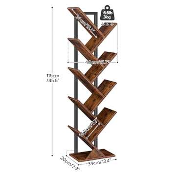 HOOBRO Tree Bookshelf, 9-Tier Bookcase Wooden Shelves, Floor Standing Storage Rack, for Display of CDs, Books in Living Room, Home Office, Wood Storage Rack for Bedroom, Rustic Brown BF08SJ01G1