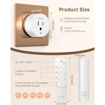 ELECTOP Remote Control Outlet, 15A/1500W Wireless Outlet Power Switch with Countdown Function, No Wire Long Range Electrical Switch Plug On/Off for Small Household Appliance(1 Swicth &3 Outlets)