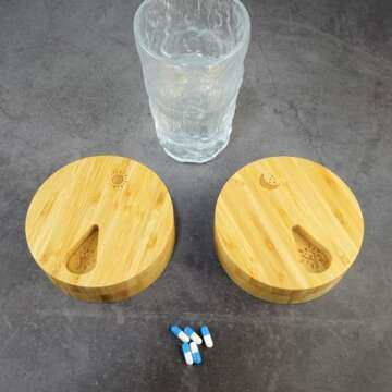 AM&PM Set of 2 Bamboo Wood Pill Organizer for Medicine Vitamin 2 Times a Day, Arthritis Friendly 7-Day Pill Box Medium Container Holder Weekly, Daily Portable Travel Pill Case
