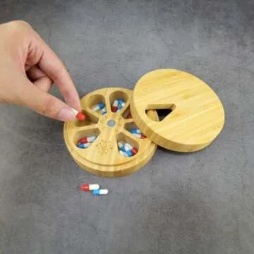 AM&PM Set of 2 Bamboo Wood Pill Organizer for Medicine Vitamin 2 Times a Day, Arthritis Friendly 7-Day Pill Box Medium Container Holder Weekly, Daily Portable Travel Pill Case