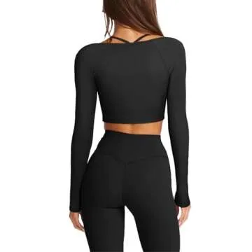 LASLULU Long Sleeve Workout Tops for Women Sexy Square Neck Crop Tops Cropped T Shirts Exercise Going Out Tops with Built in Bra(Black Medium)
